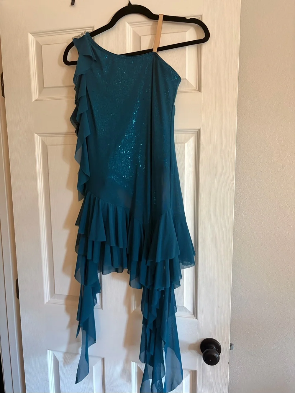 Teal One-Shoulder Ruffle Dance Dress